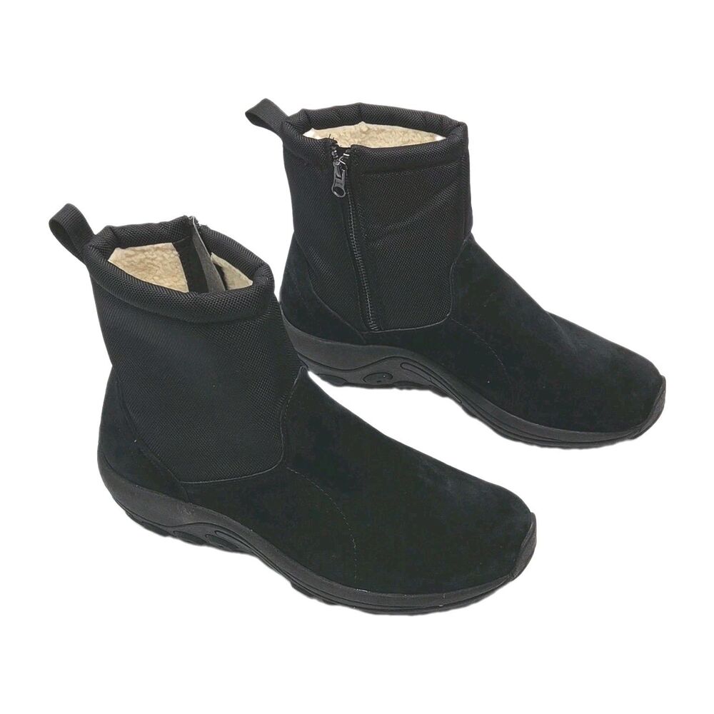 Merrell Boots Ankle Men Sz 10 Warm Black Suede Faux Fur Lined Side Zip Winter